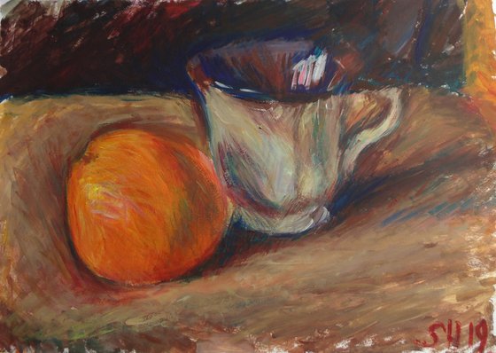 Orange and cup. Acrylic on paper. 43x31 cm.