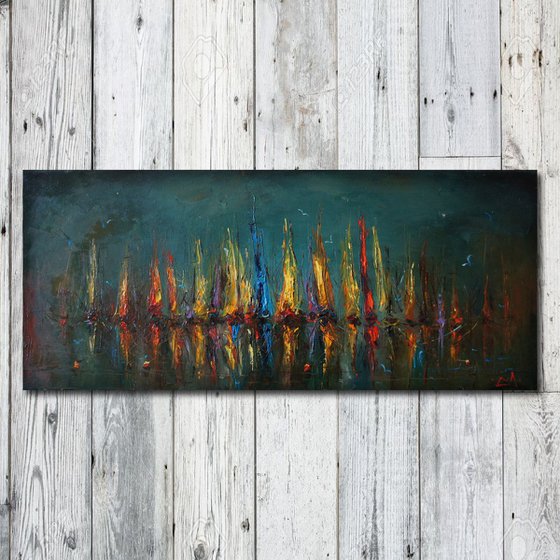 Shadows, oil painting, modern sailboats, free shipping