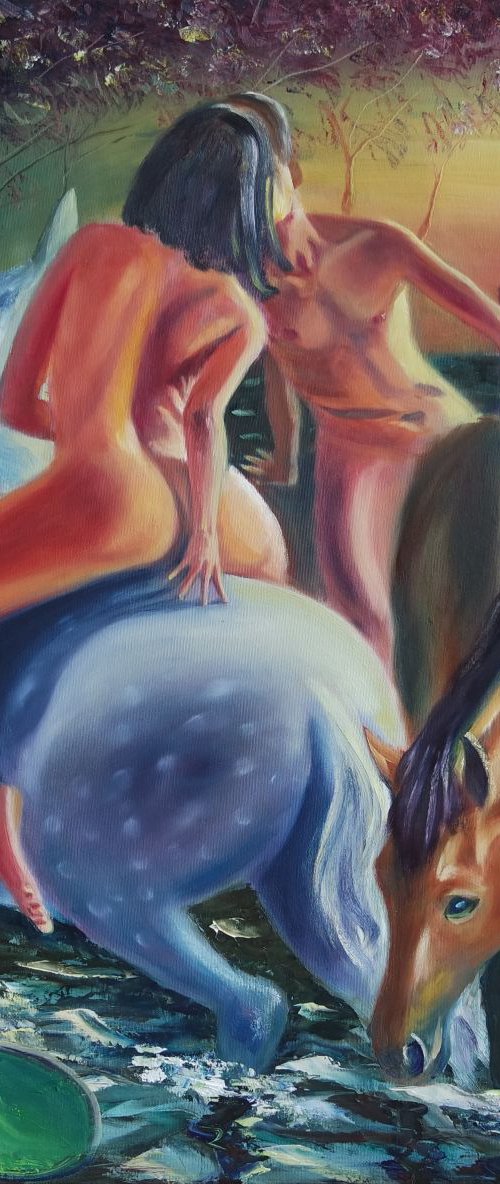 NUDE COUPLE RIDING ON HORSES IN A POND UNDER MOON LIGHT Impressionist Oil Painting by Ion Sheremet