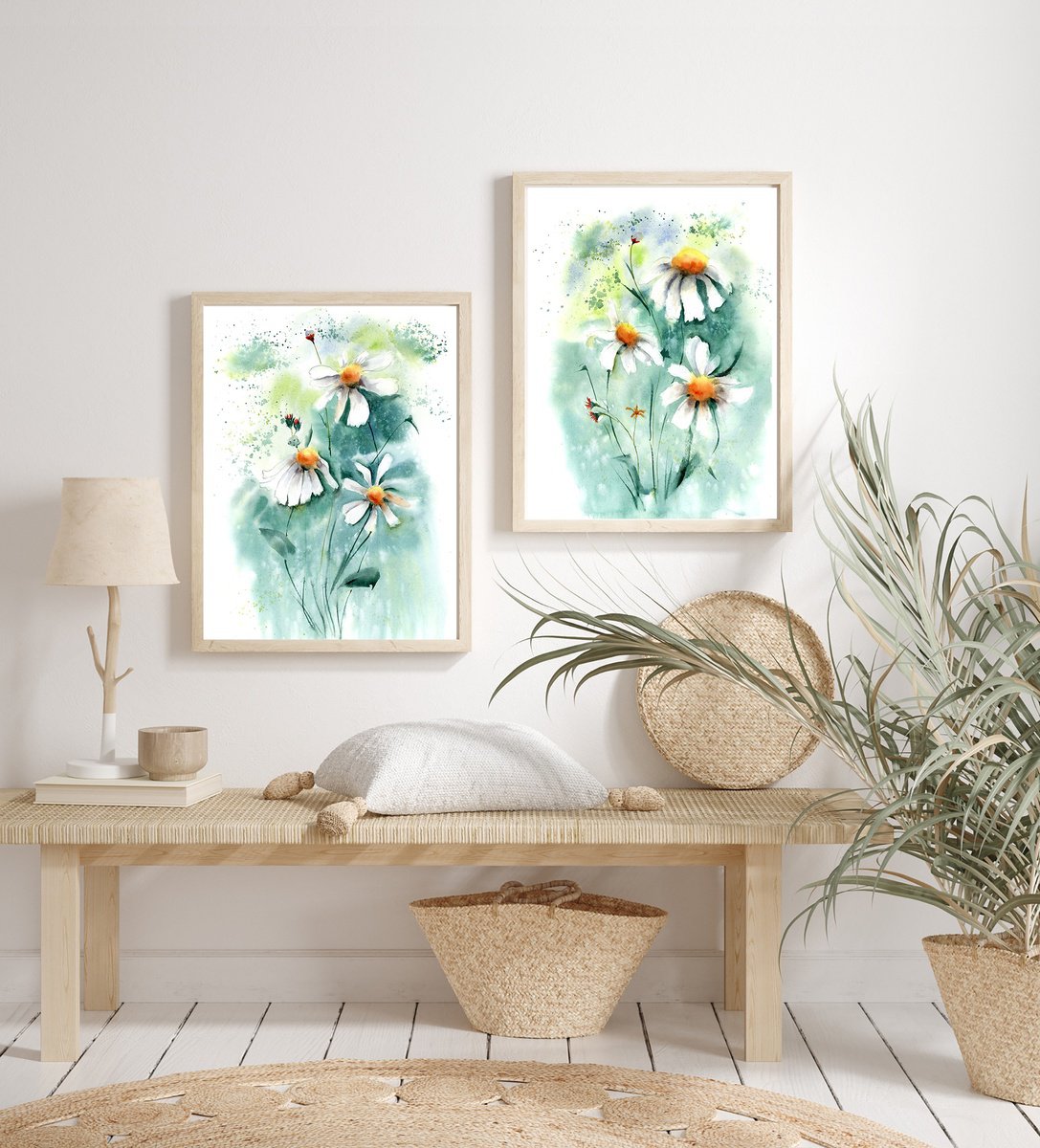 Impressionistic Botanical Watercolour By Olga Tchefranov (Shefranov), 22 X 15", Wildflowers Diptych, Original Artwork