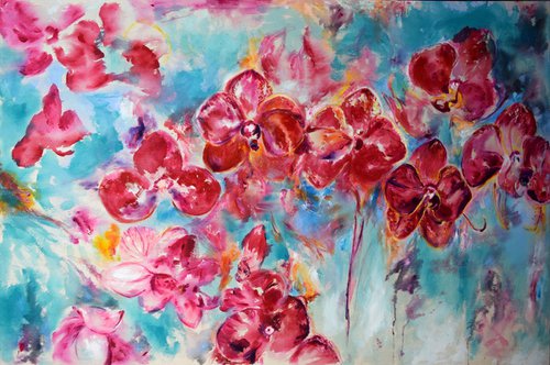 Red Orchids / XL  130 cm x 85 cm x 5 cm by Anna Sidi-Yacoub