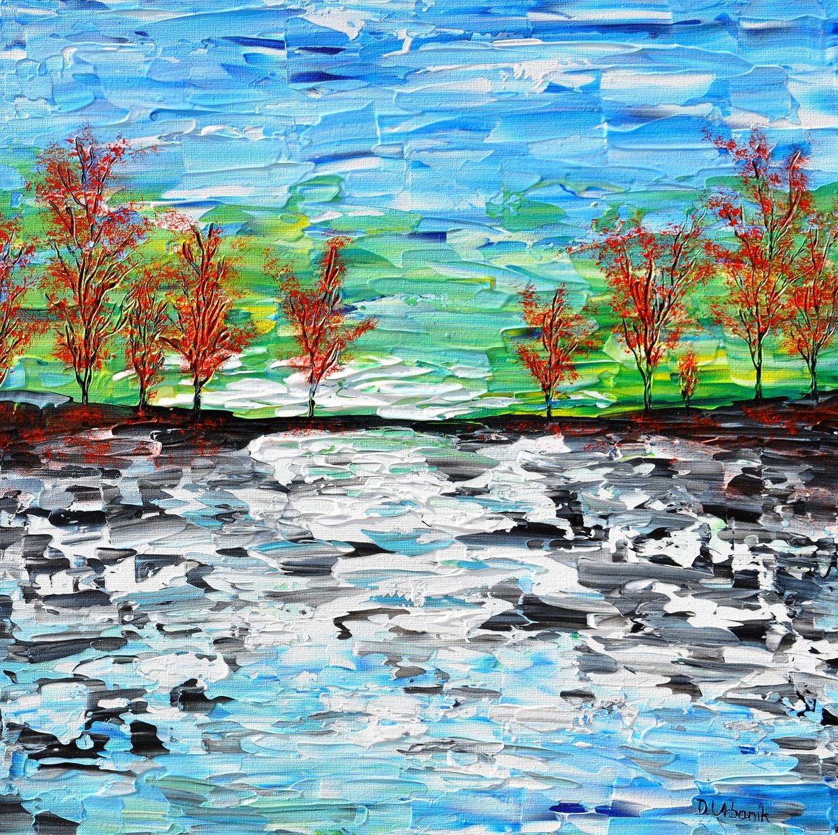 Impressionistic Landscape Acrylic Painting By Daniel Urbani?k, 24 X 24, Autumn Landscape 1, Original Artwork