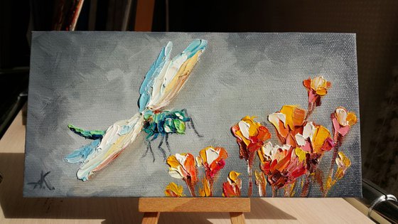 It is a wonderfull day - Oil painting, life of insect, dragonfly art, canvas painting, impressionism, palette knife