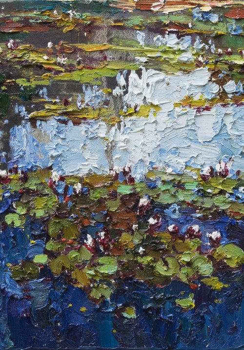White Water Lilies - Pond flowers - Impasto Original Oil painting by Anastasiia Valiulina