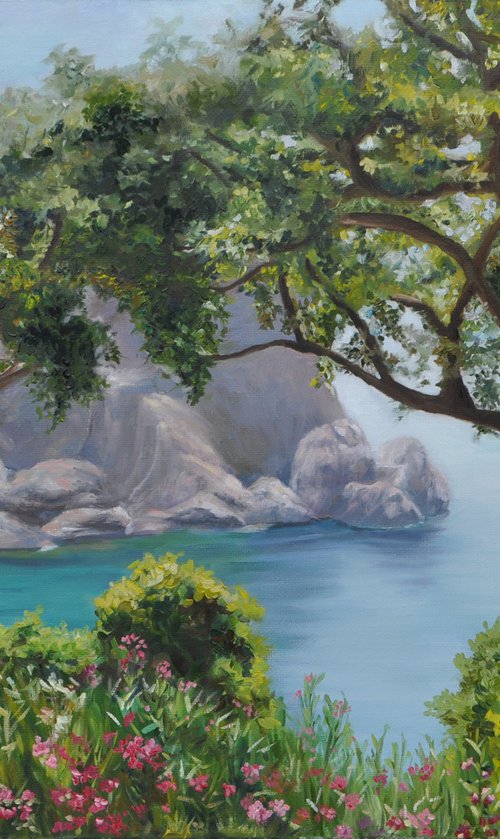 Sea lagoon in the sun rays original oil painting by Marina Petukhova