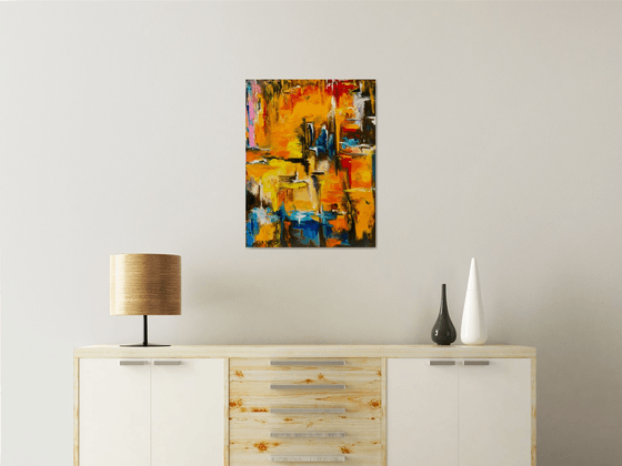 Modern Abstract City, orange sunset, palette knife original oil painting.