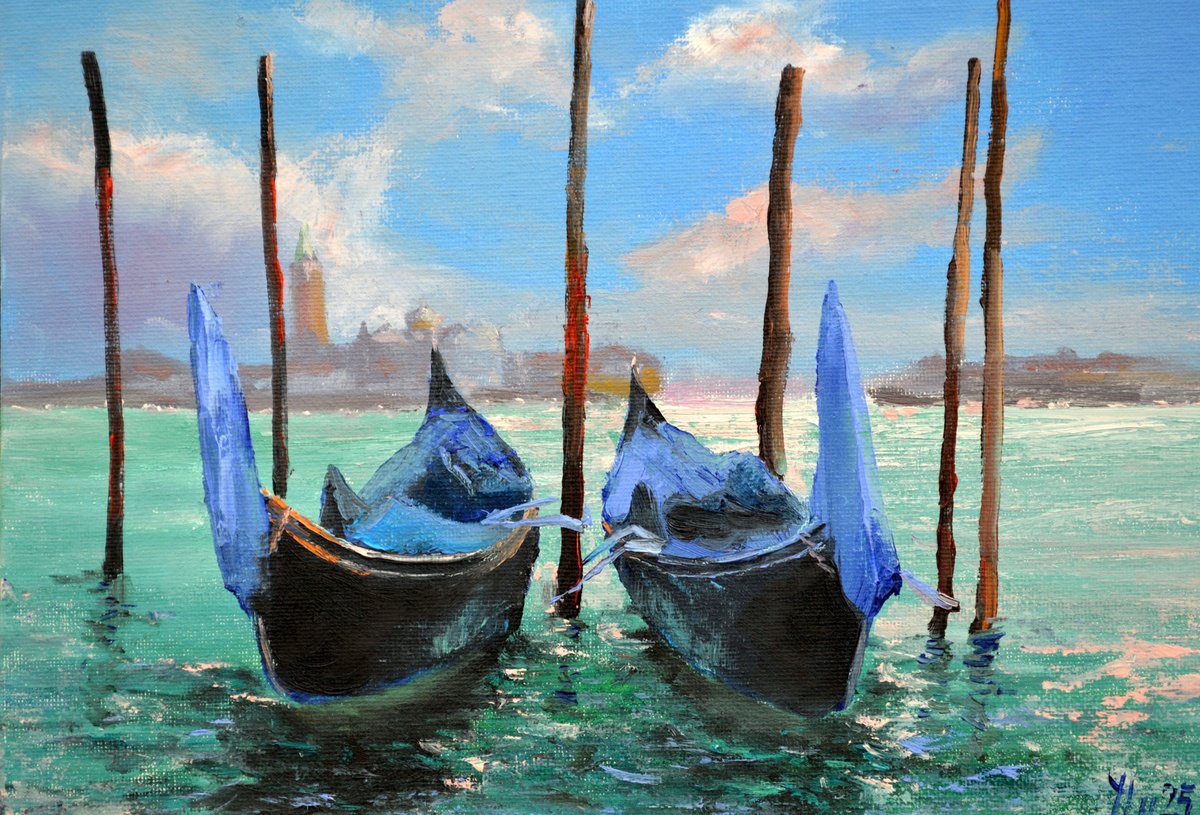 Impressionistic Landscape Oil Painting By Elena Lukina, 12 X 8, Venetian Gondolas 4, Original Artwork
