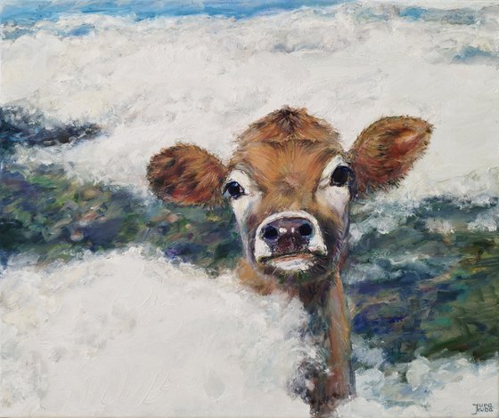 A Cow Looking Through The Clouds