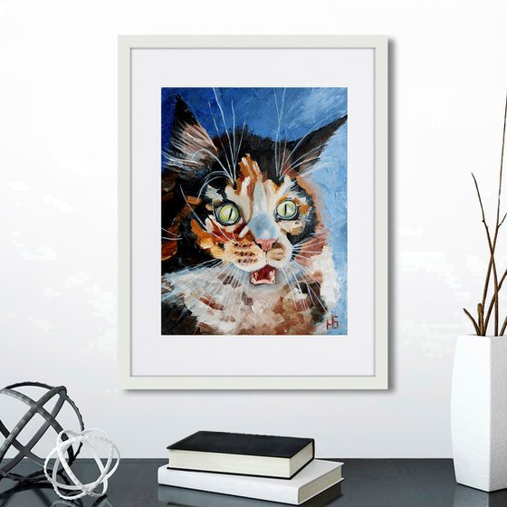 Surprised Cat Oil Painting Funny Cat Artwork Tabby Cat Portrait