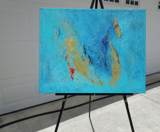 CARIBBEAN DREAM. Teal, Gold, Blue Contemporary Abstract Seascape, Ocean Waves Painting. Modern Textured Art