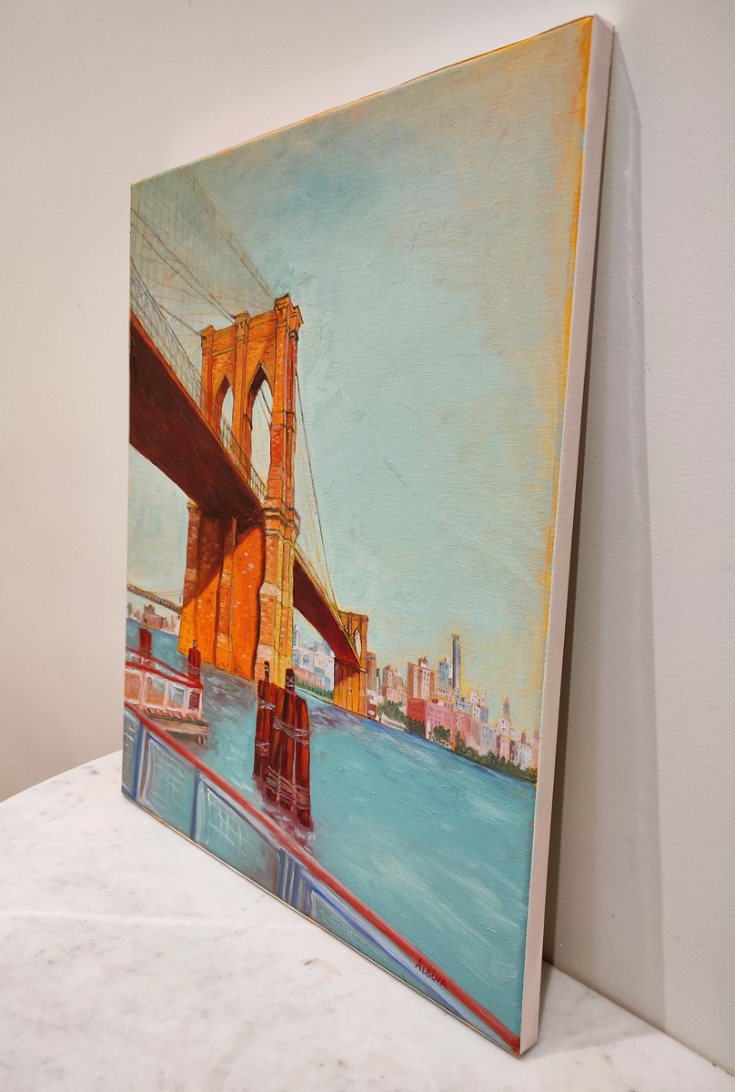 Impressionistic Cityscapes Oil Painting By Albina Urbanek, 18 X 22, Brooklyn Bridge, Original Artwork