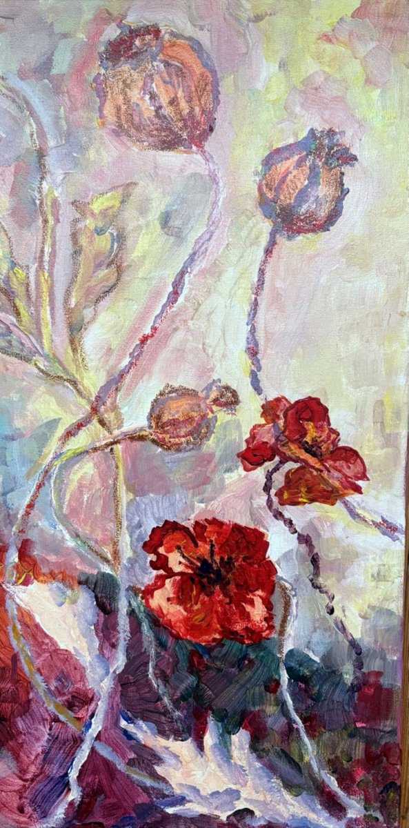 Abstract Botanical Acrylic Painting By Tetiana Pchelnykova, 12 X 24", Poppies Of Memory, Original Artwork