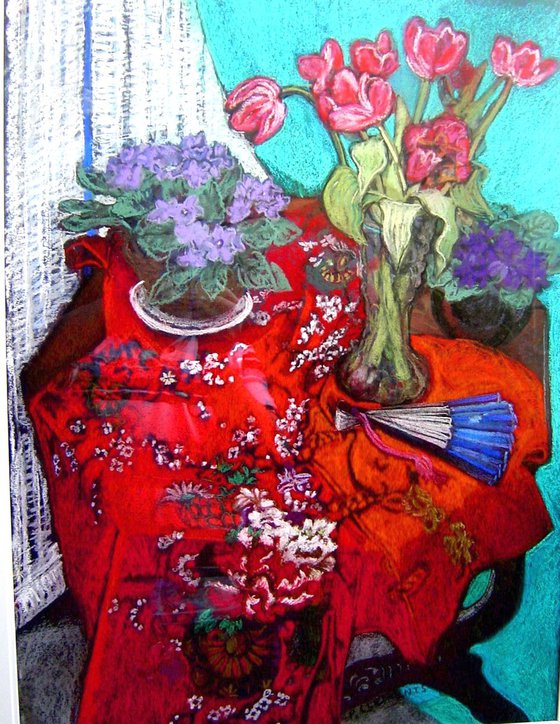 Red Chinese Kimono and Fan still life