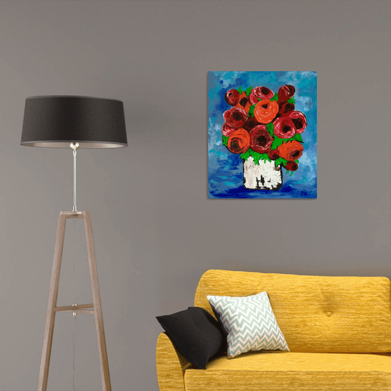 BOUQUET OF Red  Roses textured acrylic painting, palette knife artwork