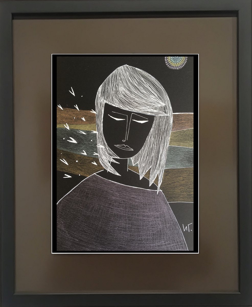 Naive Portrait Drawing By Irina Goleva, 14 X 17, Melodic, Original Artwork