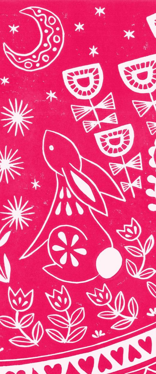 Evelyn Bunny in magenta, limited edition, Scandinavian Folk Art linocut print by Katie Farrell