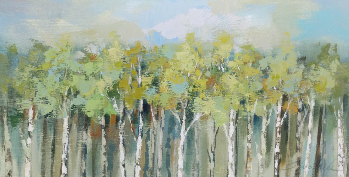 Expressive Landscape Acrylic Painting By Silvia Vassileva, 36 X 18", April Tree Tops, Original Artwork