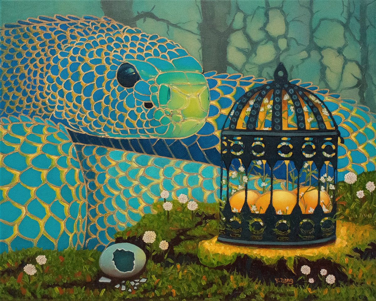 Surrealistic Animal Oil Painting By Yue Zeng, 20 X 16", Blue Serpent And Glowing Eggs, Original Artwork