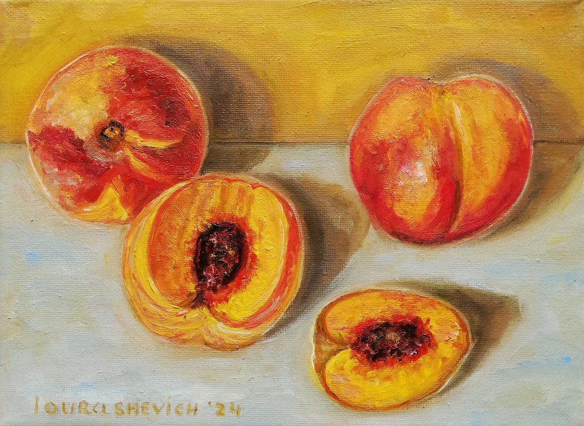 Impressionistic Still Life Oil Painting By Katia Ricci, 9 X 7", Ripe Peaches On Table, Original Artwork