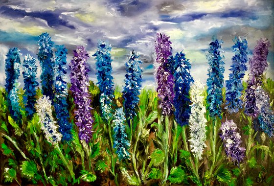 Delphiniums  in Regents Park in London, English garden,  meadow in summer flowers palette  knife modern  flowers office home decor gift