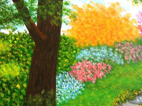 Make A Wish - large wild garden landscape; spring blossoms; wishing fountain; home, office decor; gift idea