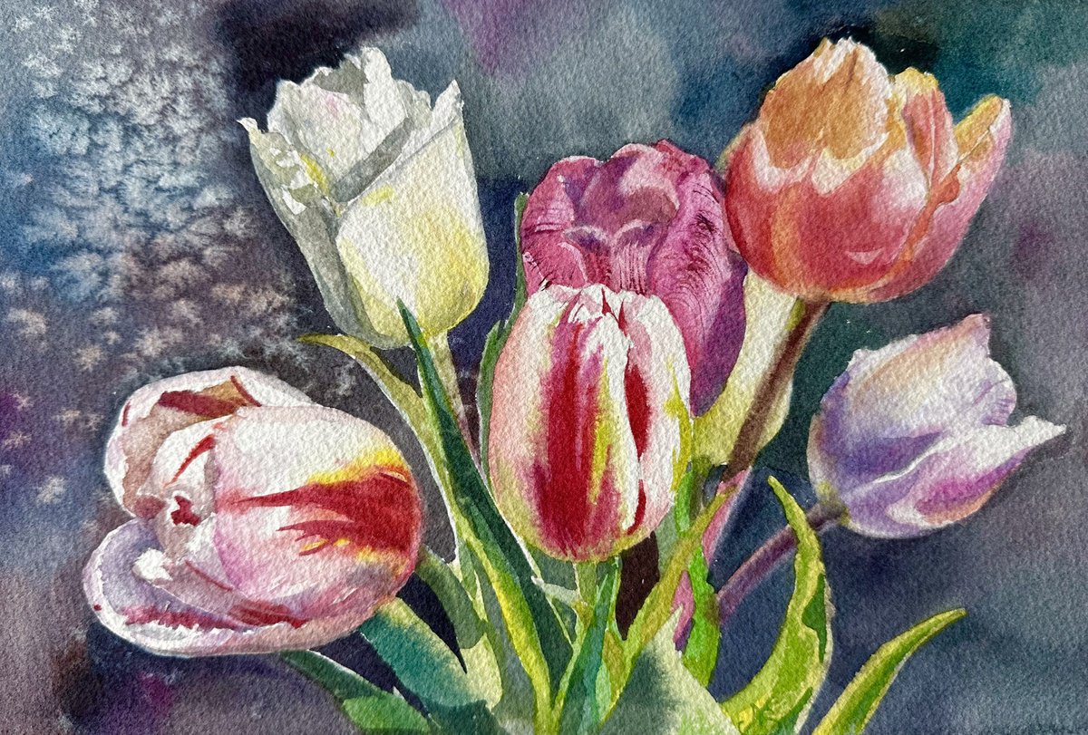 Botanical Watercolour By Sonata Art, 12 X 16", Modern Spring Tulips Bouquet, Original Artwork