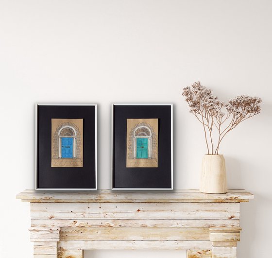 Azure and turquoise doors - Set of 2 architecture mixed media drawings