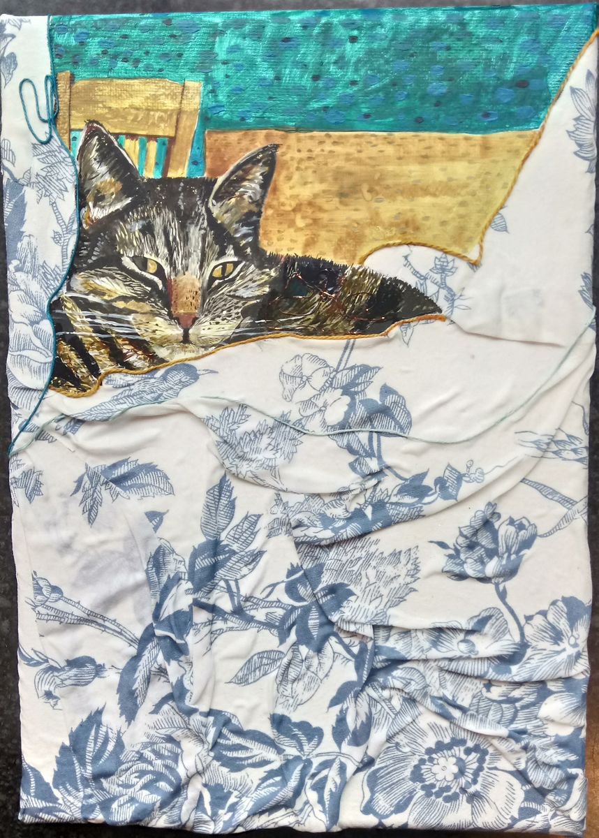 Animal Collage By Fiona Plaisted, 8 X 12, Cat Amongst The Cushions, Original Artwork