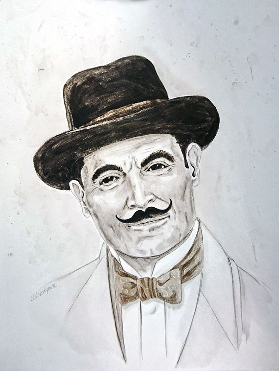 Hercule Poirot. Portrait. Monochrome watercolor painting.