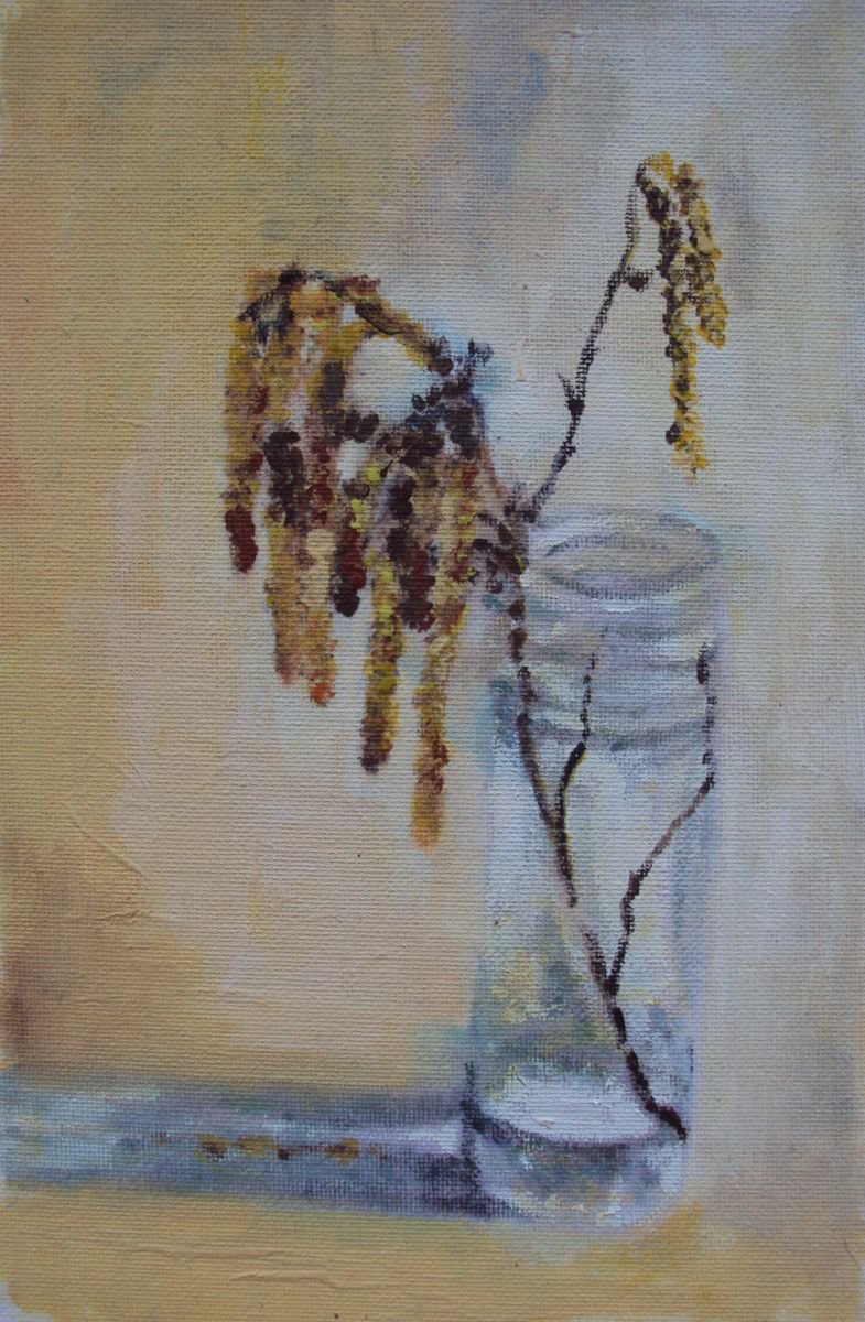 First Spring Catkins in a glass jar by Teresa Tanner