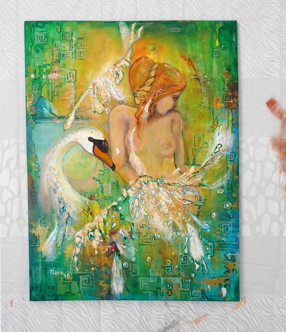"Leda and the swan", original Mixed Media painting, 80x60x2cm
