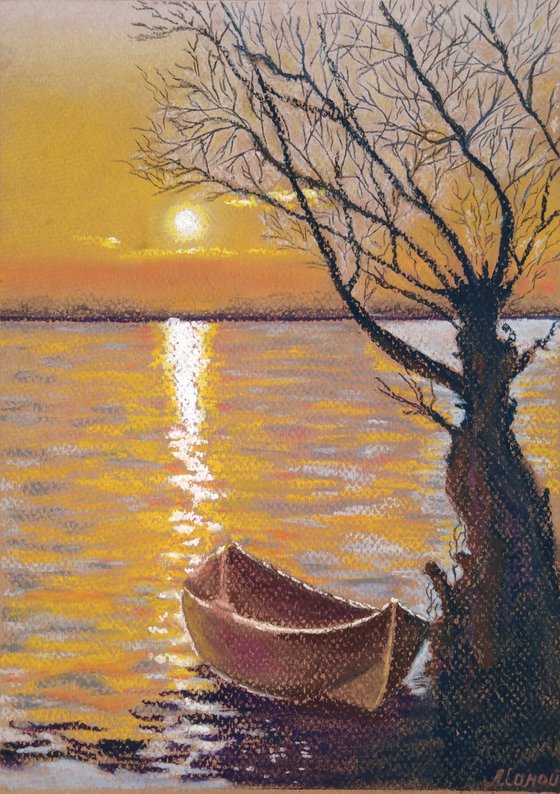 Boat at sunset - romantic picture, a gift for a loved one