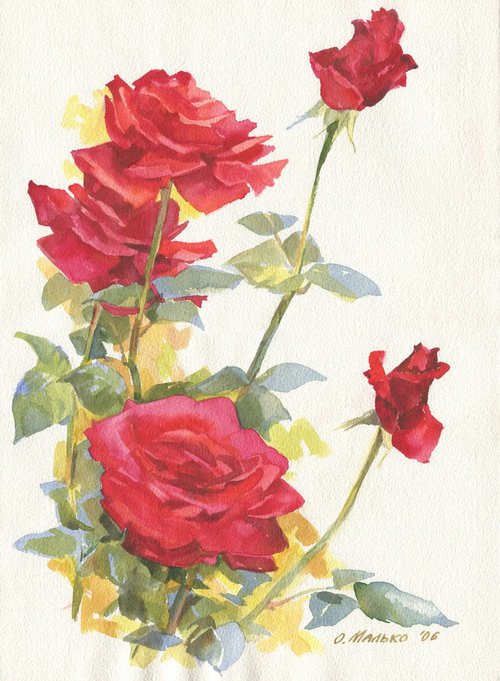Red roses / ORIGINAL watercolor 11x15in (28x38cm) by Olha Malko