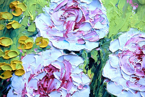 Textured abstract pink flowers Original oil painting on canvas Pink rose peony abstract flowers.