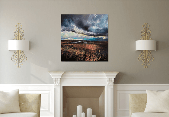 'Storm Across The East Marshes' Large Moody Landscape Oil Painting