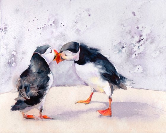 Puffins - It must be love, original watercolour painting