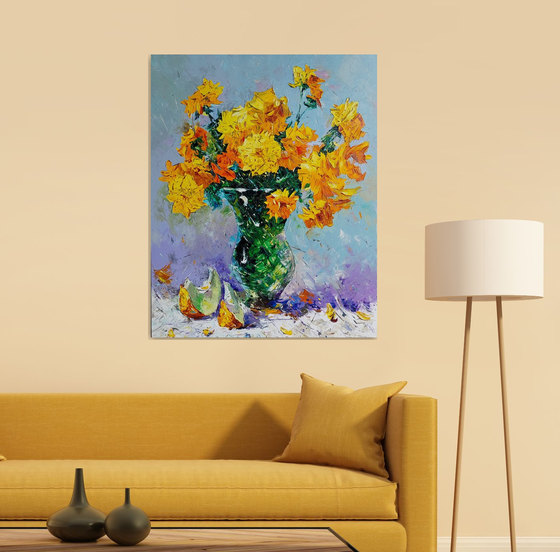 Still life - Yellow flowers (100x80cm, oil painting, palette knife)