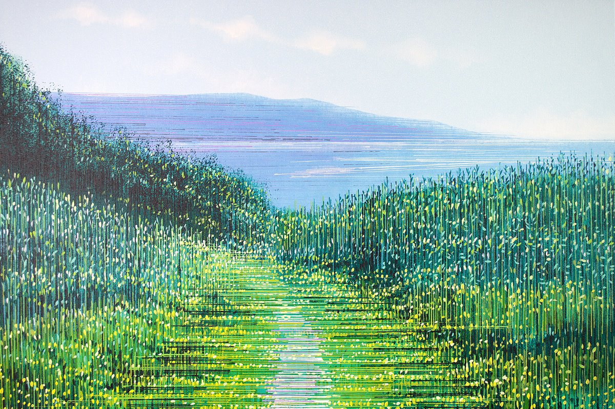 Impressionistic Landscape Acrylic Painting By Marc Todd, 30 X 20", View Over Lyme Regis Bay, Original Artwork