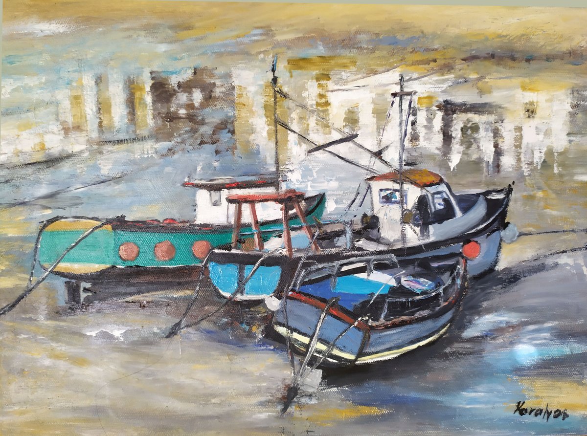 Impressionistic Landscape Oil Painting By Maria Karalyos, 16 X 12", Boats, Original Artwork