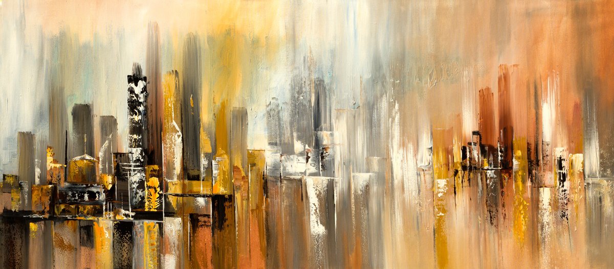 Cityscape Abstract Painting | Original Handmade | Wall Art | Downtown Haze 2 | 72-? W x 30-? by Madhav Singh
