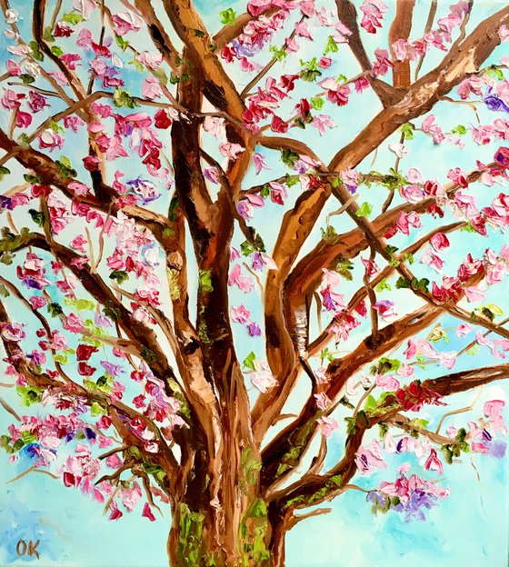 Apple blossom, tree near Bethnal Green, spring in London white, pink, turquoise ready to hang oil painting