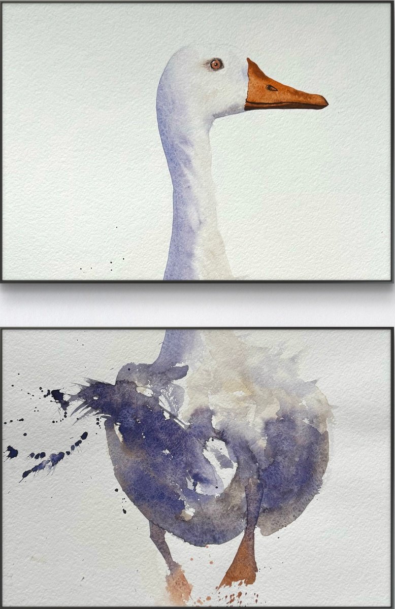Expressive Animal Watercolour By Yuliia Sharapova, 12 X 17", Curious Duck White Long Neck, Original Artwork