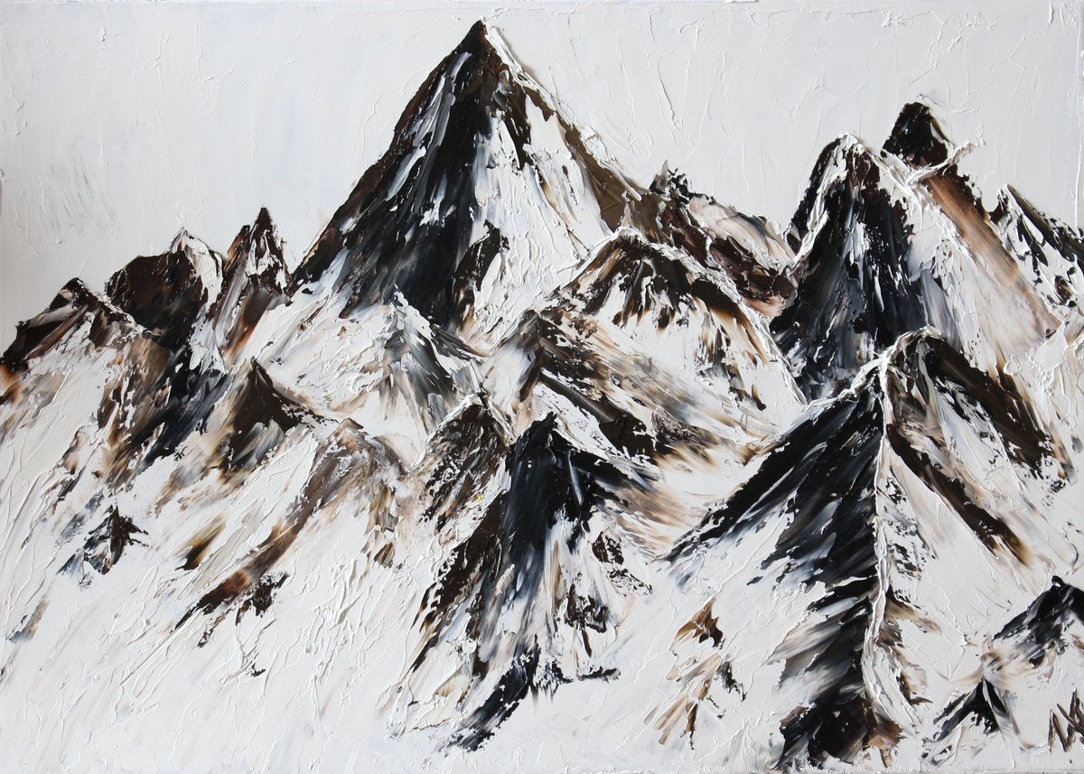 Abstract Landscape Oil Painting By Anastasiia Novitskaya, 28 X 20, Winter Mountains, Original Artwork