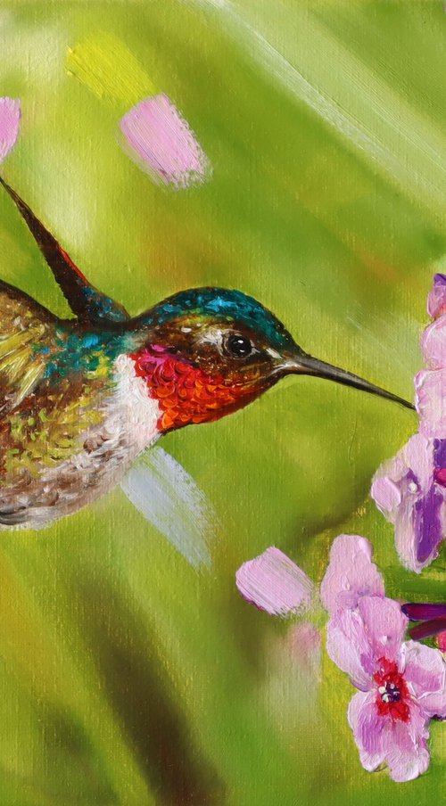 Hummingbird and Pink Blossoms by Natalia Shaykina