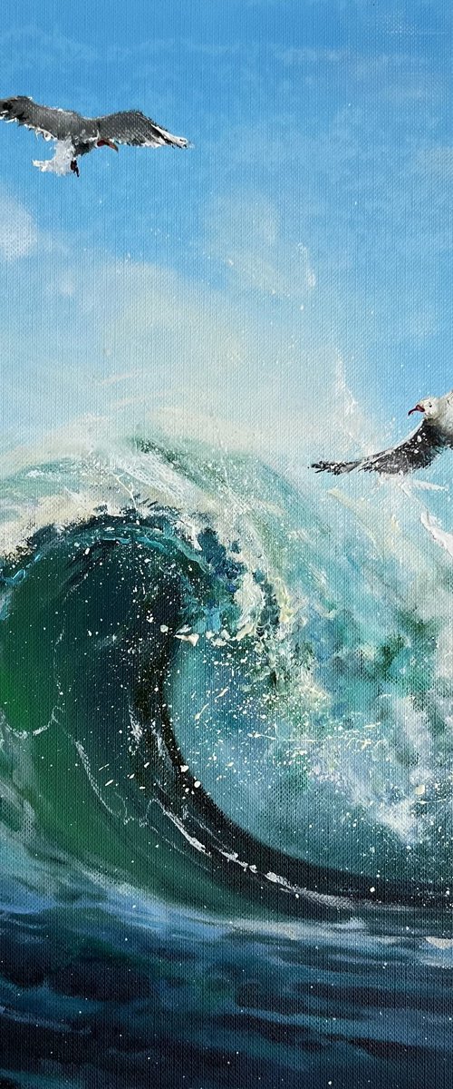 Ocean Wave With Seagulls by Myroslava Denysyuk