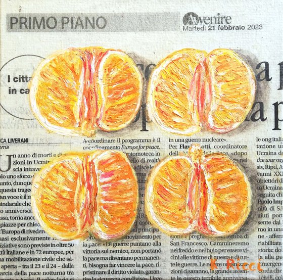 "Mandarine Halves on Newspaper" Original Oil on Canvas Board Painting 6 by 6 inches (15x15 cm)