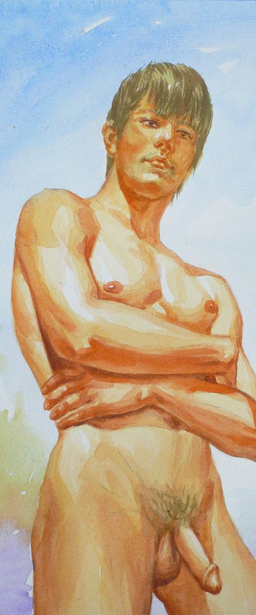 WATERCOLOR PAINTING ART MALE NUDE#12-21-010 by Hongtao Huang