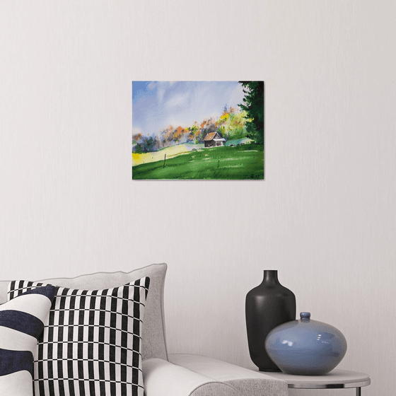 Farmhouse in Zug. Switzerland nature landscape watercolor mood interior green sun shadow light