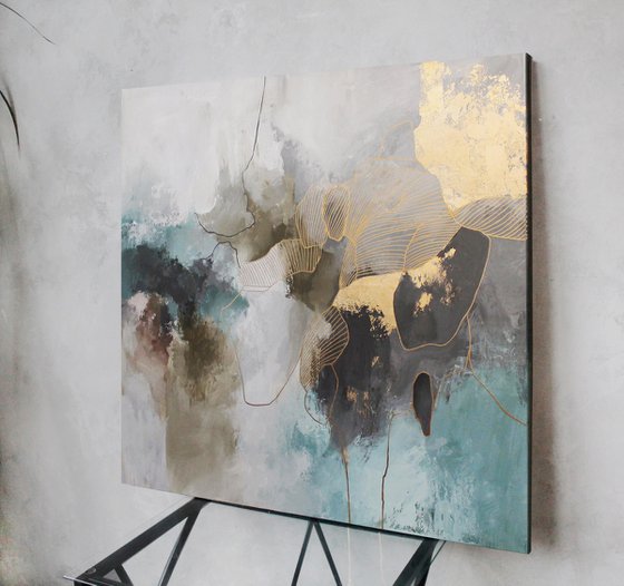 "Miracle" Abstract teal and gold acrylic art