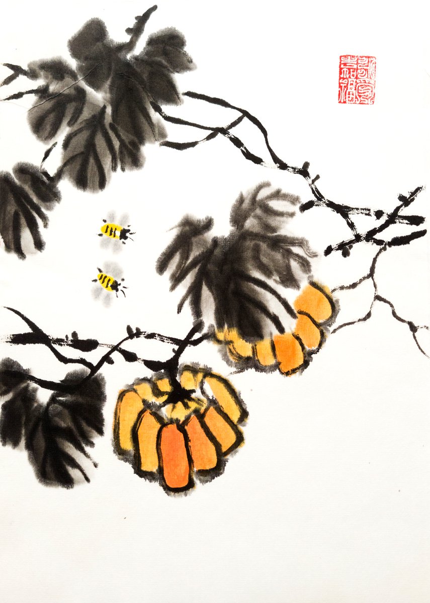Two pumpkins and two bees - Pumpkin series No. 04 - Oriental Chinese Ink Painting by Ilana Shechter